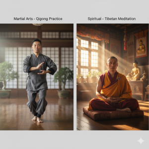 A martial artist practicing Chi Kung and a Tibetan Monk meditating.
