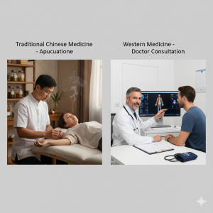 A acupuncturist on the left, a western doctor on the right